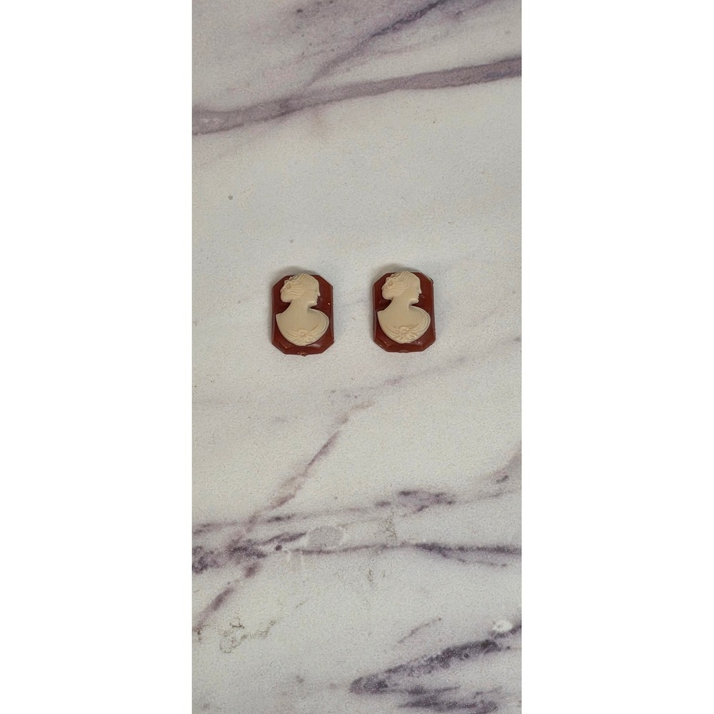 Vintage Style Cameo Cabochons Brown Cream Victorian Lady Portrait 2 Piece Set